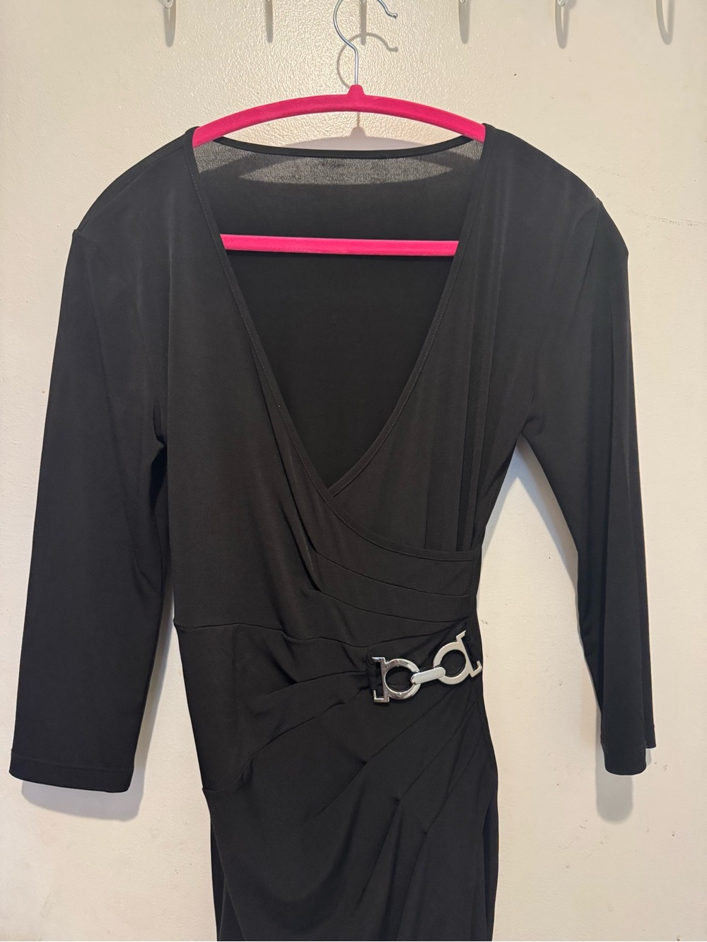 Classic Black Wrap-Style Women's Dress with Silver Accent - Picture 2 of 3